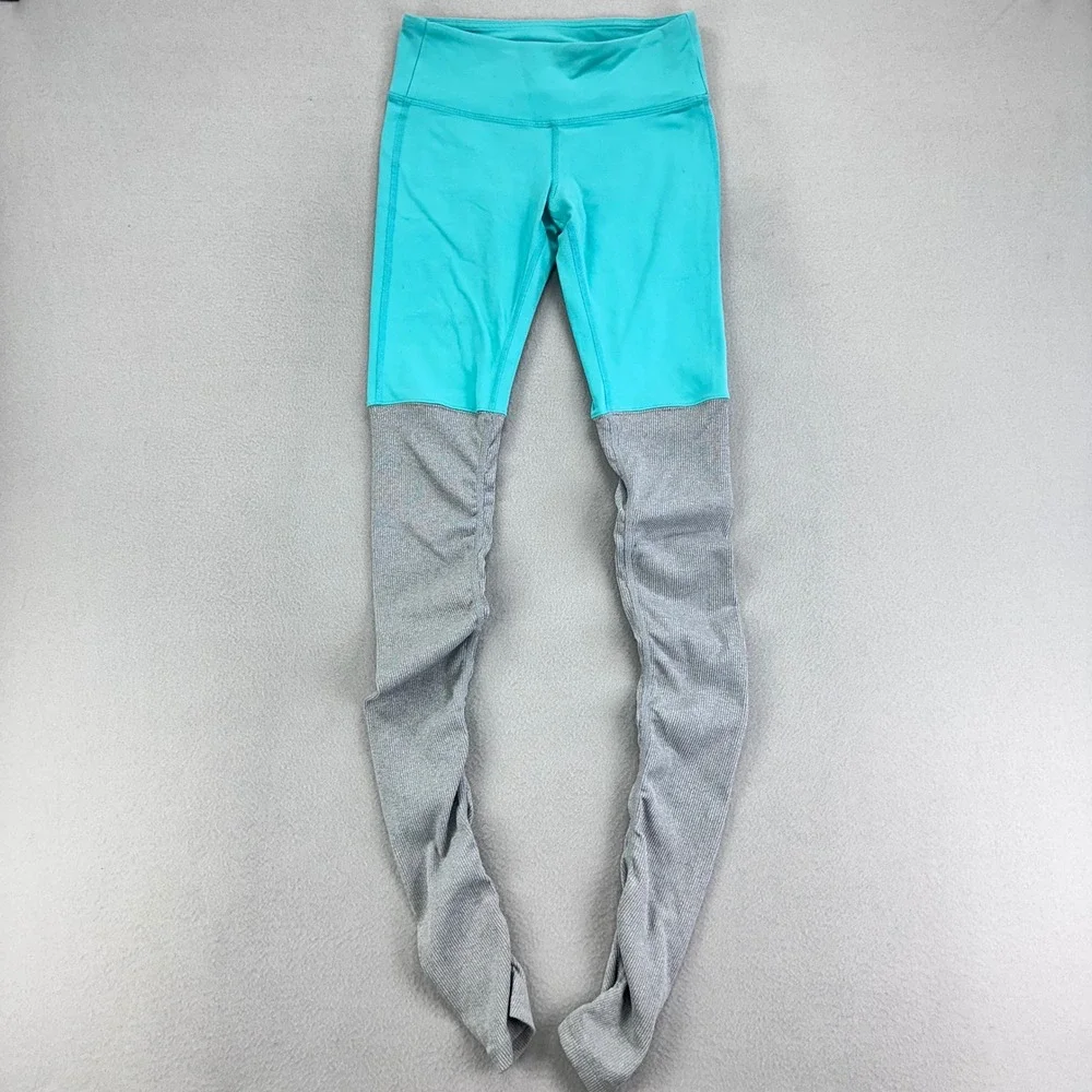 Alo Yoga Goddess Ribbed Ruched Leggings Womens XS Gray‎ Blue Dance Full Length